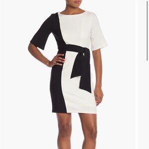London Times black and white side tie cocktail crepe dress